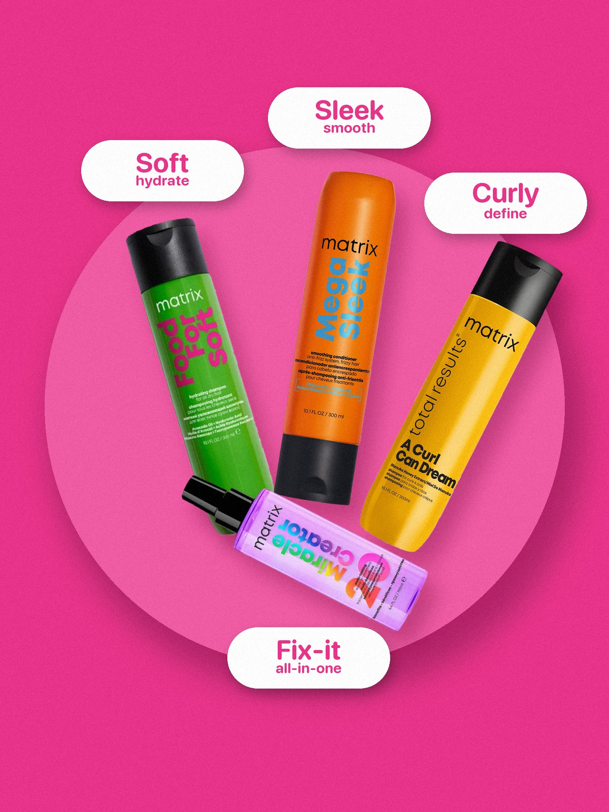 Matrix Food For Soft, Mega Sleek, A Curl Can Dream and Miracle Creator on a hot pink background